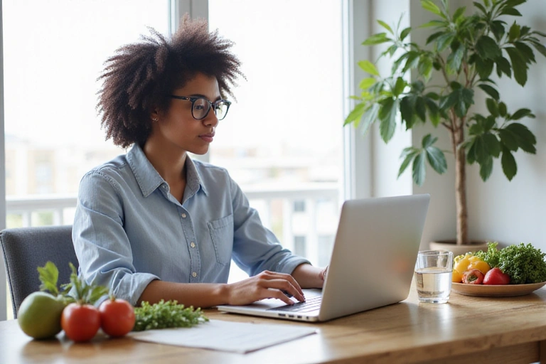 Egy személy laptop előtt ül, egészséges étel és ital mellett, online tanácsadáson vesz részt